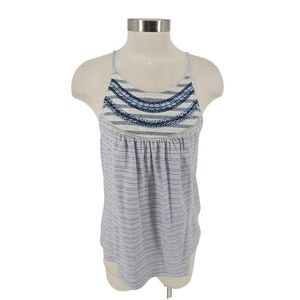 Lucky Brand Tank Top Blue Stripe Boho Embroidered Sleeveless Shirt Small